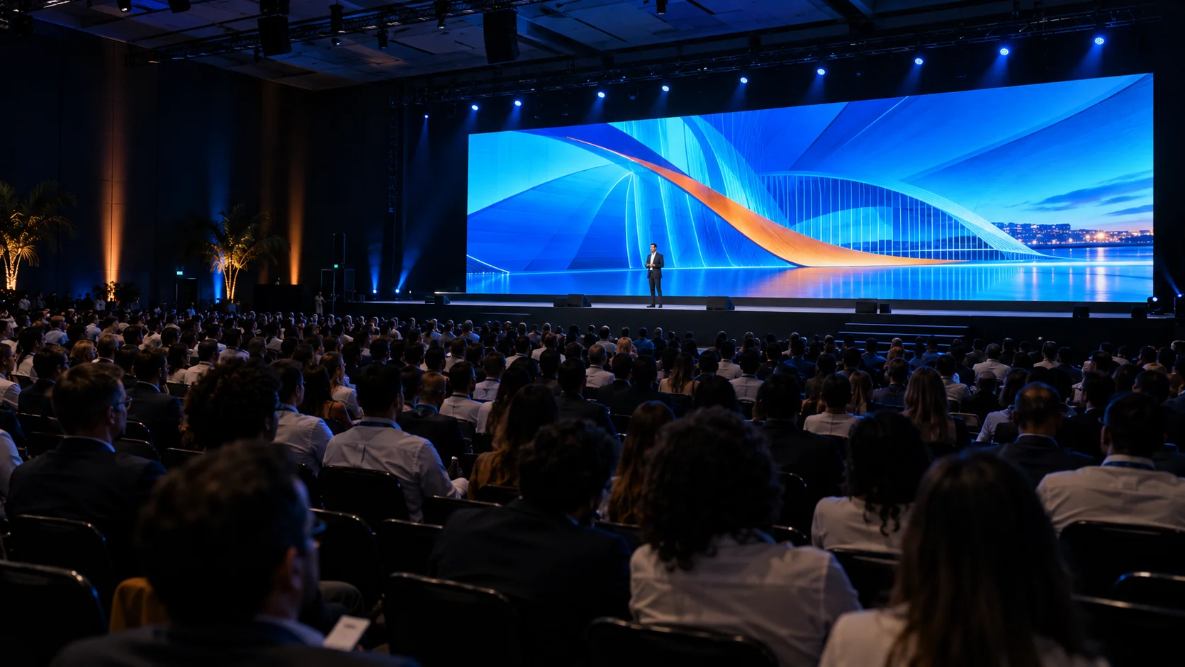 Auditório com plateia, palco e painel de LED panorâmico